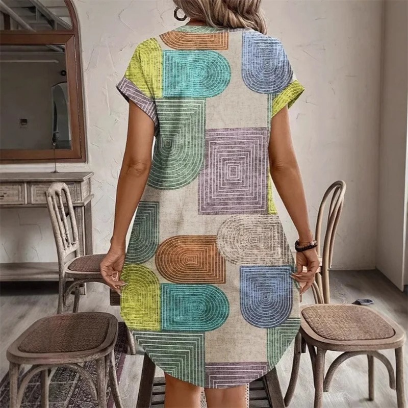 Robe élégante à col en V et boutons, imprimé géométrique, pour femmes européennes et américaines, été, style étranger