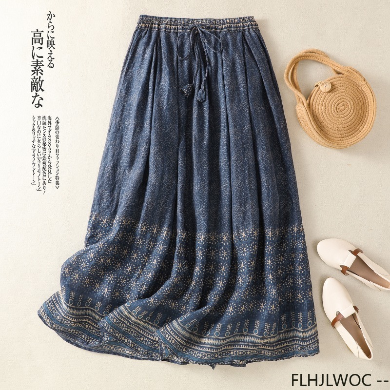Style ethnique bohème doublé jupes en lin doux rétro Vintage mignon doux filles bleu classique Style thaïlandais longue jupe Maxi