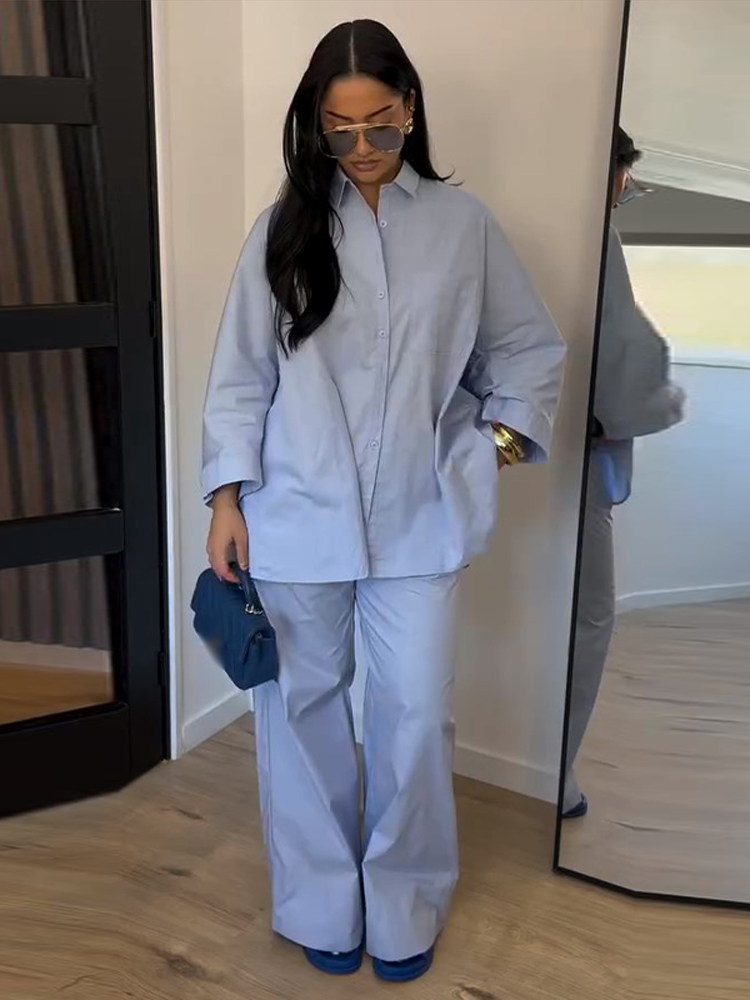 Nouvel ensemble décontracté pour femme : chemise unie à revers et manches longues avec poches et pantalon droit taille haute