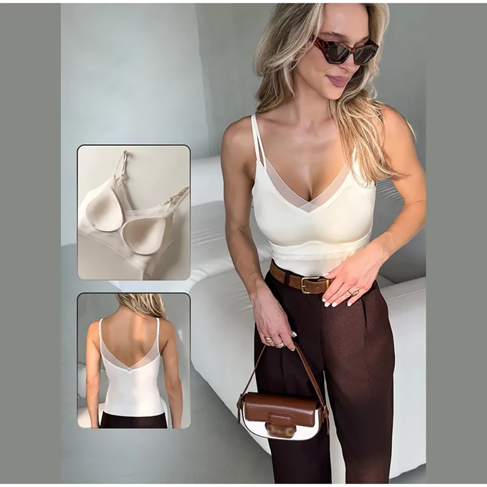 Débardeur sexy pour femme en satin et maille, col en V, avec soutien-gorge intégré, sans manches, dos nu, coupe ajustée, style corset, tenue d'été, épaules dénudées