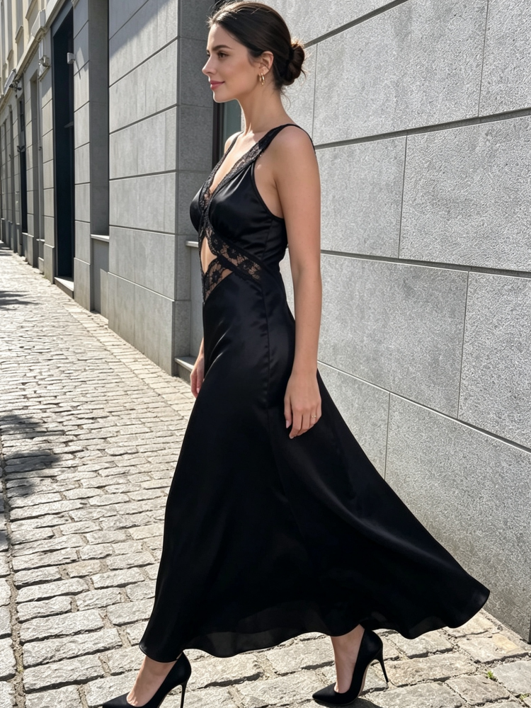 Robe longue en satin pour femmes, avec découpes en dentelle, col en V, sans manches, dos nu, moulante, noire, élégante, pour soirées et fêtes.