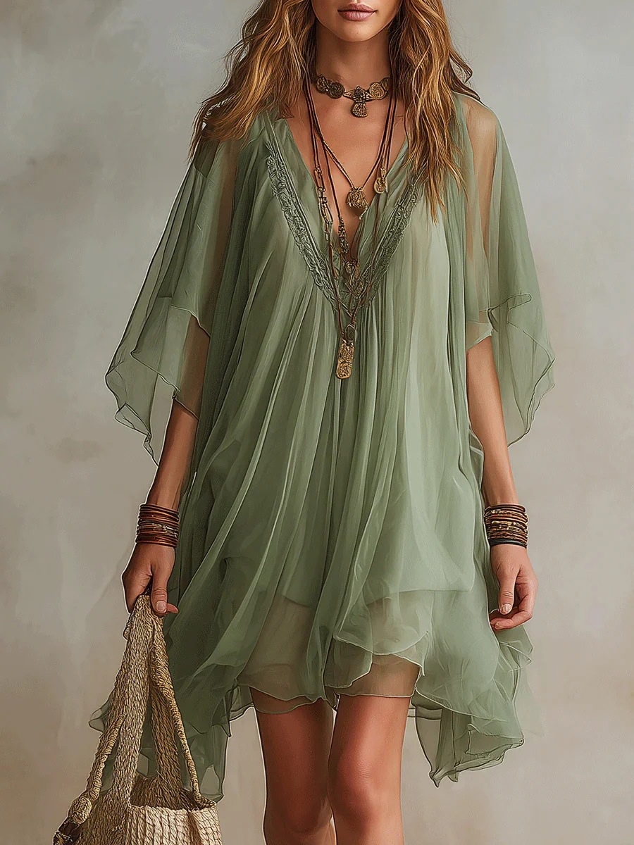Robe courte décontractée pour femme, style bohème, en mousseline, à manches mi-longues, col en V, ourlet irrégulier, superposée, idéale pour la plage ou les vacances
