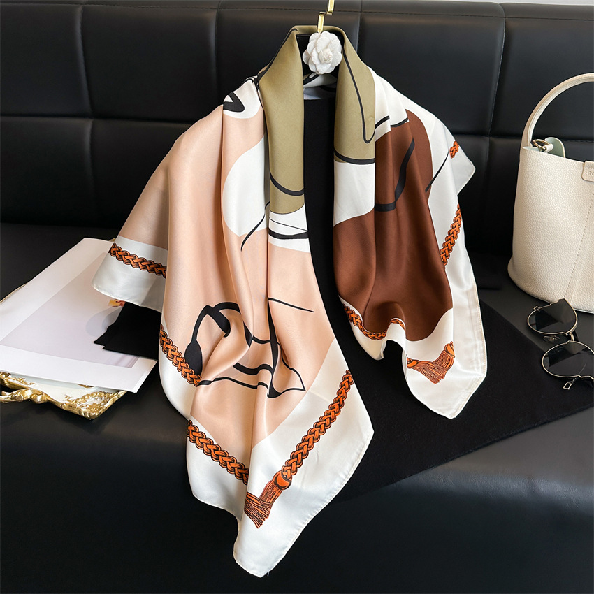 Nouveau Foulard en Soie Imprimé Color Block 2026, 90CM, Foulard en Twill Polyvalent, Grand Foulard Carré, Châle Pare-Soleil, Foulard de Tête, Cadeau de Collection