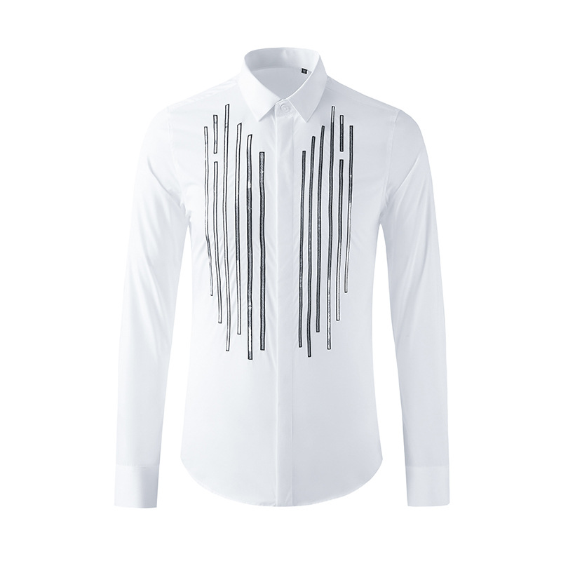Chemise de luxe à sequins rayée à manches longues pour homme, coupe ajustée, décontractée, pour affaires, banquets, soirées et spectacles