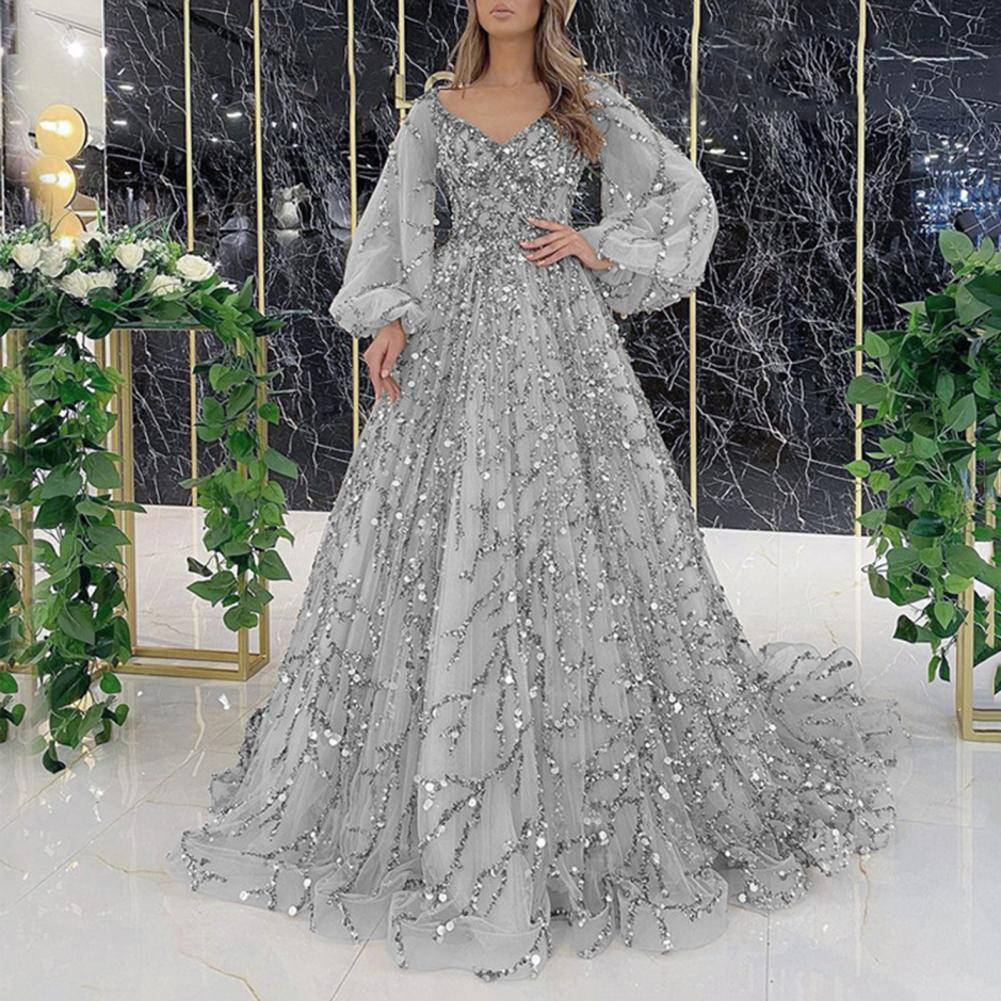 Robe de soirée pour femmes, manches lanternes, col en V, paillettes brillantes, ligne a, Double couche, longueur au sol, maille, robe de Cocktail, robe de bal