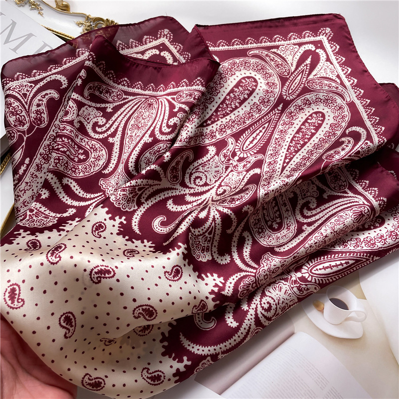 Nouveau Foulard Carré Fin en Satin Doux Effet Soie à Motif Paisley, Style Mature, Protection Solaire, pour Femme, Décoration