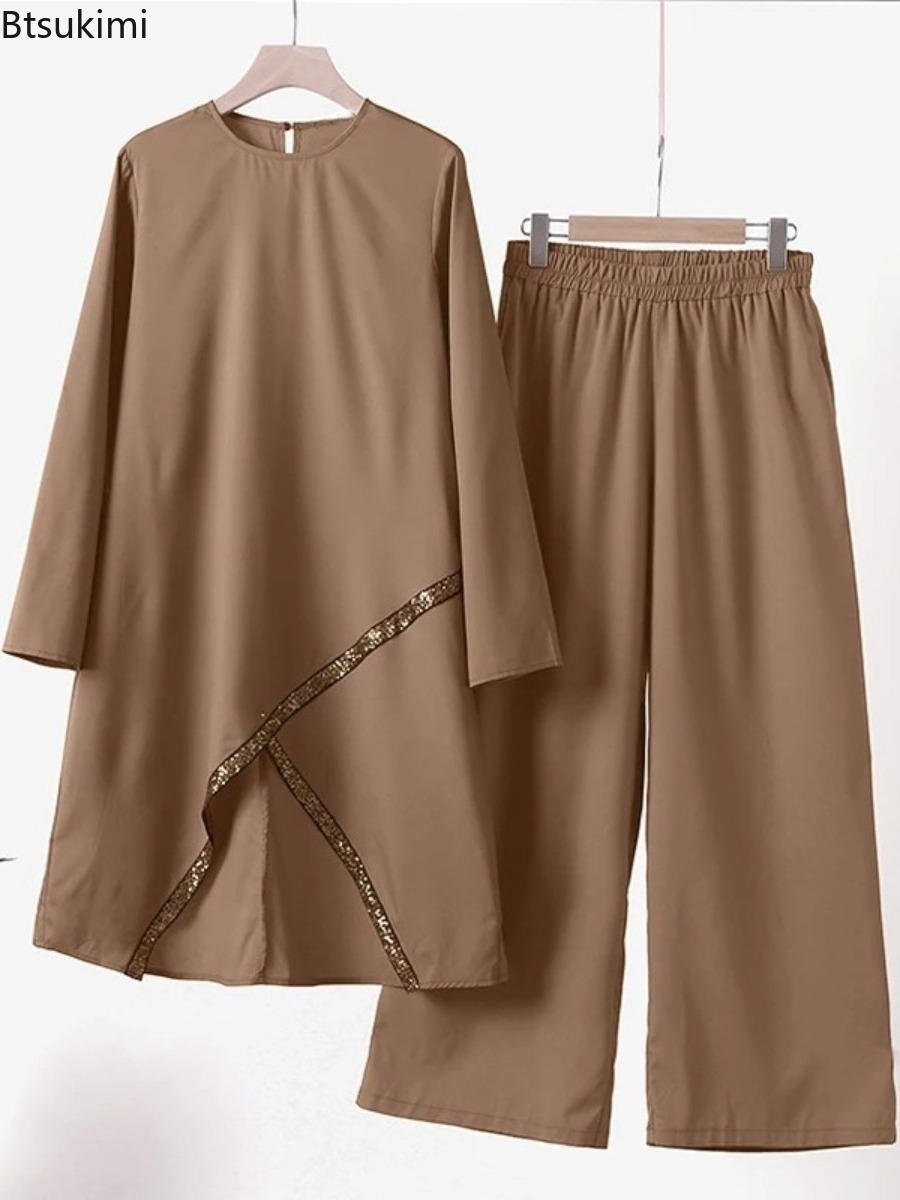 Ensembles de pantalons larges pour femmes musulmanes, mode, sequins, vêtements islamiques, ensembles assortis amples, survêtement, chemisier à manches longues, ensembles Abaya