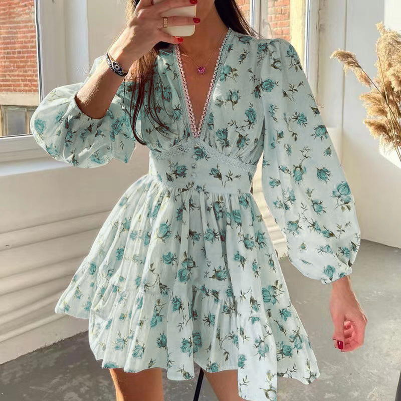 Femmes imprimé fleuri Mini robe taille haute a-ligne été automne à manches longues col en V robes Vintage plage vacances robes décontractées