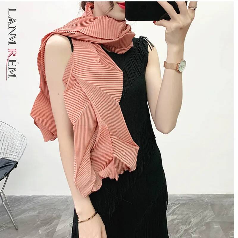 LANMREM plissé à la mode femmes écharpe couleur unie irrégulière élastique décontracté châle crème solaire vêtements tous les accessoires assortis 2DA3694