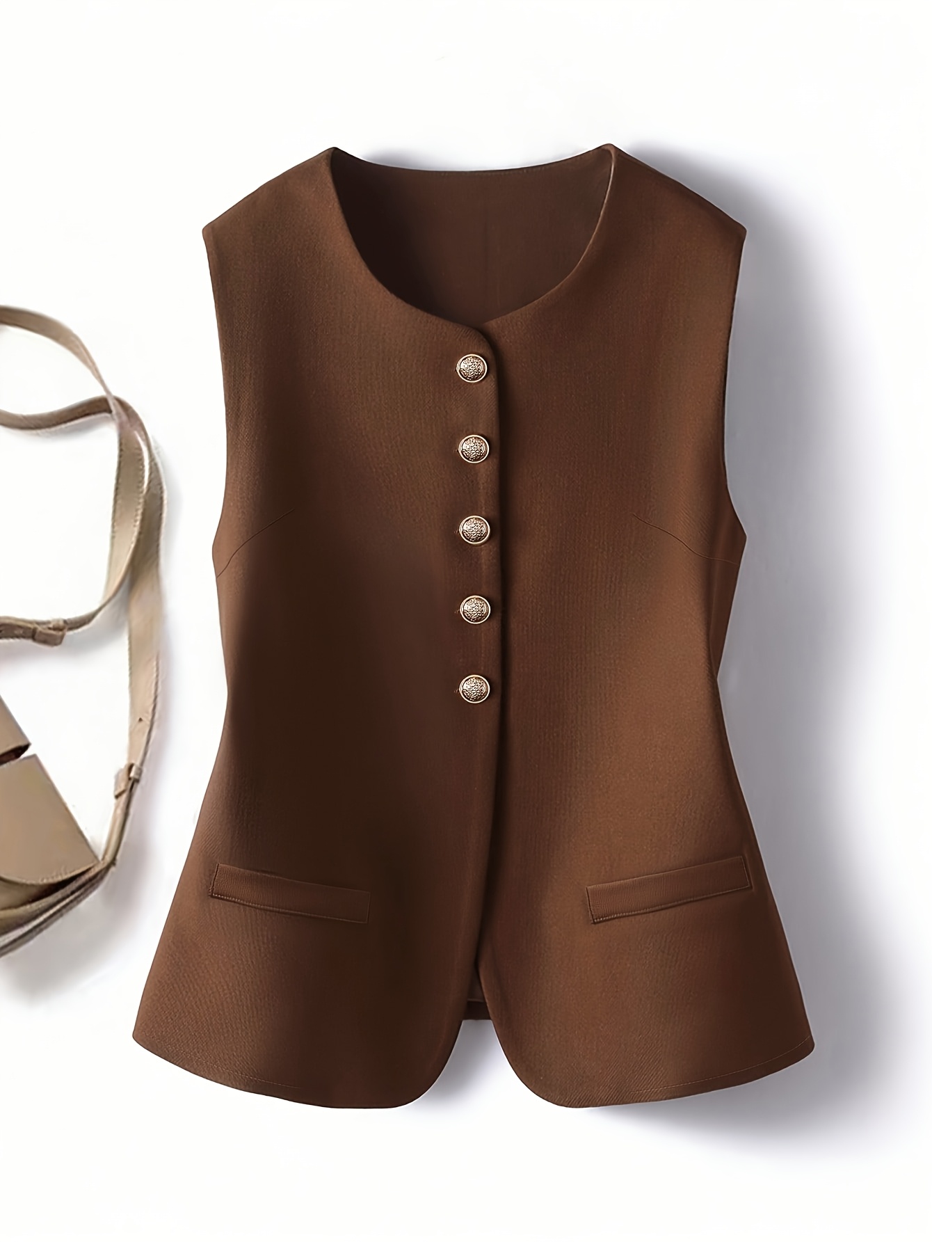 Gilet sans manches à col rond pour femme, élégant, à simple boutonnage, avec poches, style veste de costume