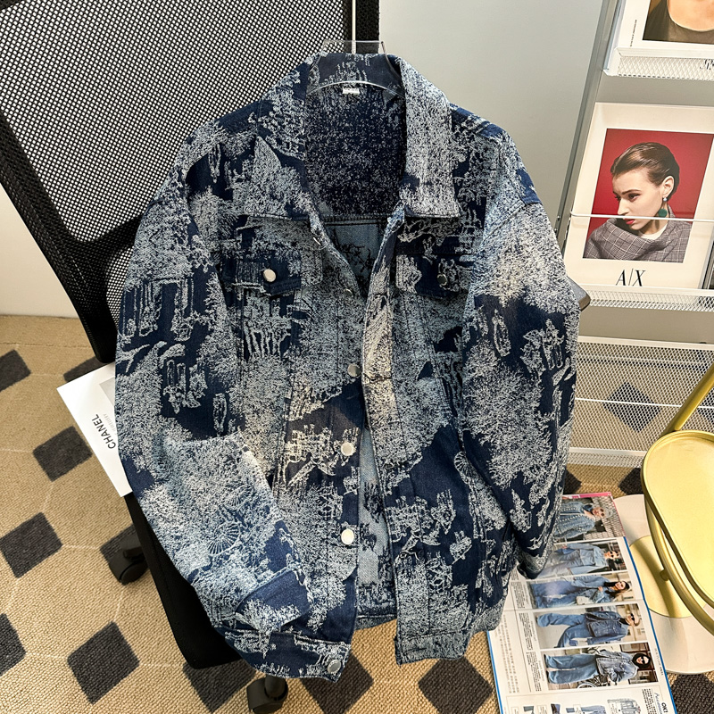 Veste en jean brodée de style punk pour hommes, veste en jean jacquard, vêtements d'automne et d'hiver, style européen, coupe décontractée