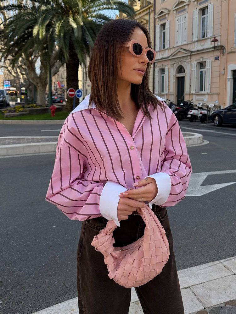 Chemisier décontracté rose rayé à revers et manches longues pour femme, élégant et polyvalent, style printemps