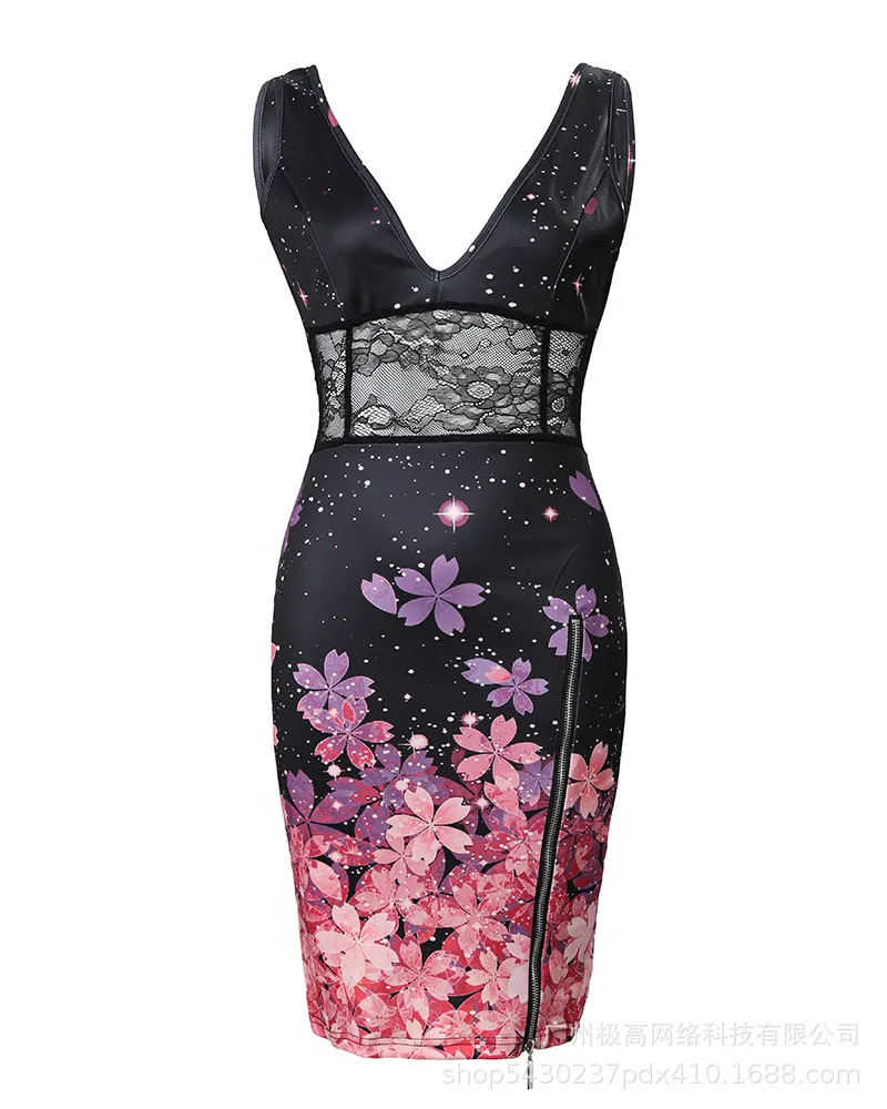 Robe décontractée en dentelle contrastée pour femmes, élégante, fendue, plongeante, imprimé Floral, nouvelle mode, robes slim, Streetwear, été 2024