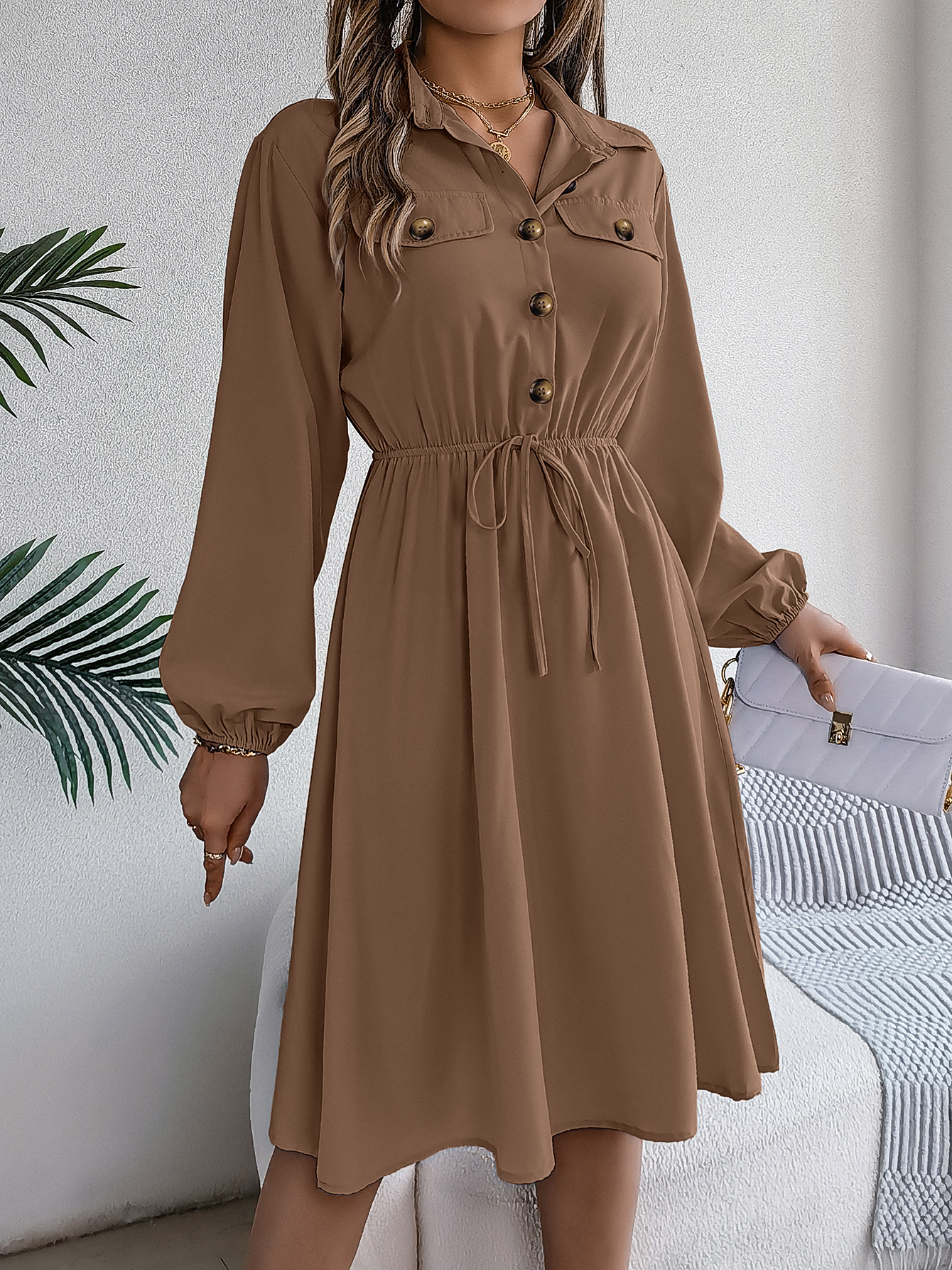 Robes d'automne et d'hiver pour femmes, décontractées, couleur unie, boutonnées, à nouer, à manches longues, bleu, vert, noir, rouge, vêtements pour femmes