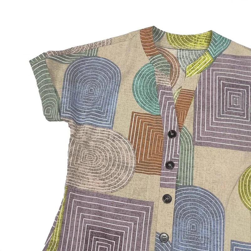 Robe élégante à col en V et boutons, imprimé géométrique, pour femmes européennes et américaines, été, style étranger