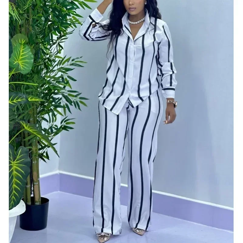 Ensemble deux pièces à rayures pour femmes, chemise boutonnée décontractée, pantalon à jambes larges, manches longues, mode africaine, printemps, automne