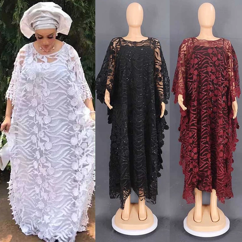 Robe africaine creuse en dentelle blanche pour femmes musulmanes, vêtements africains, Dashiki, boubou taditionnel, robe arabe, Ramadan, 2023