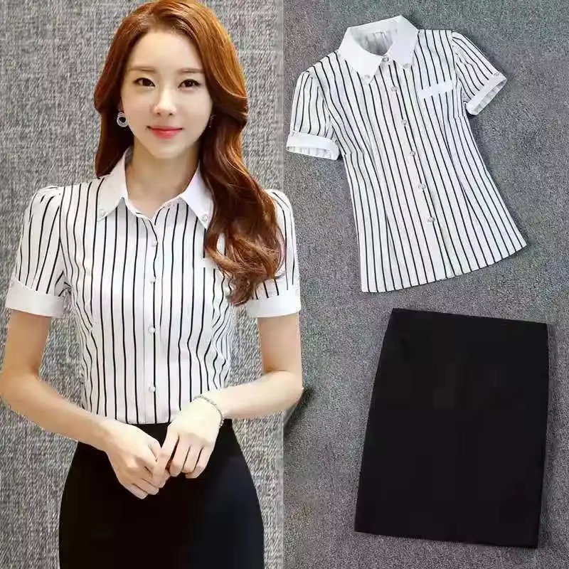 Chemise professionnelle à manches courtes pour femmes, Style printemps/été, élégante, col à manches courtes, boutons rayés, haut en mousseline de soie