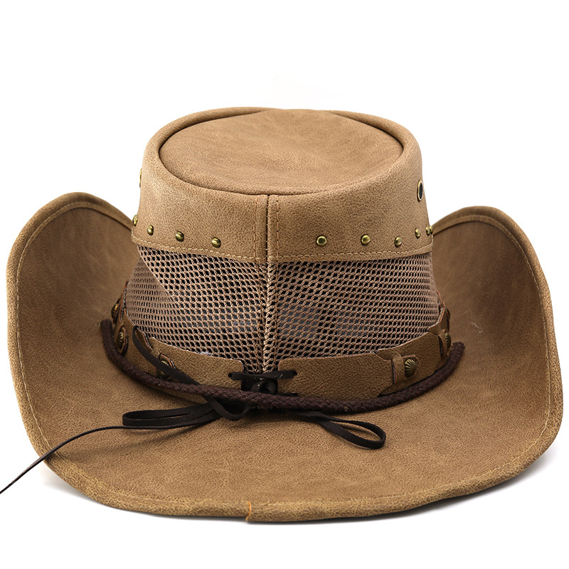 Nouveau Chapeau de Cowboy Western en Cuir Tendance pour Homme, à Large Bord, Style Gentleman, Chapeaux de Cowgirl, Chapeaux de Jazz Respirants avec Corde Coupe-Vent