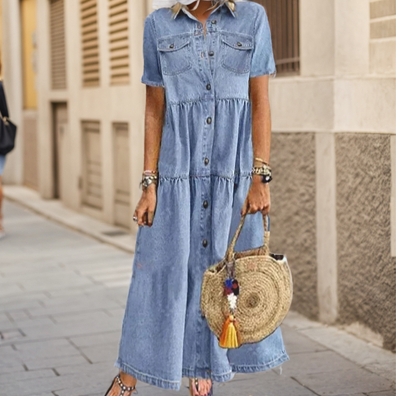 Robe longue en denim à imprimé floral pour femme, col rabattu, chemise boutonnée, manches courtes, robes de soirée A-Line, élégante, éducative