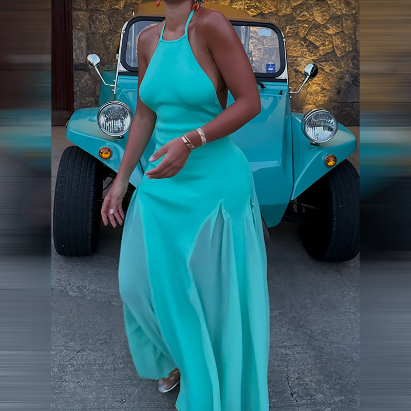 Robe longue sirène élégante turquoise à col halter, chic, sans manches, dos nu, moulante, nouvelle collection 2026, pour occasions formelles et vacances d'été