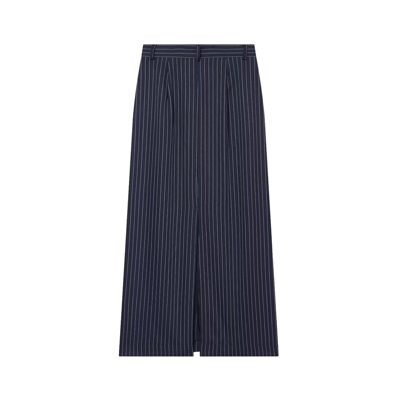 Jupe trapèze longue pour femme, nouvelle collection été 2026, bleu marine rayée, taille haute, fendue, élégante et stylée