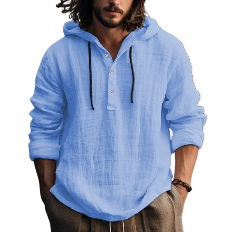 T-shirt à capuche décontracté en coton et lin pour hommes, chemisier à manches longues, vacances, plage, printemps, tunique unie, chemise ample à capuche