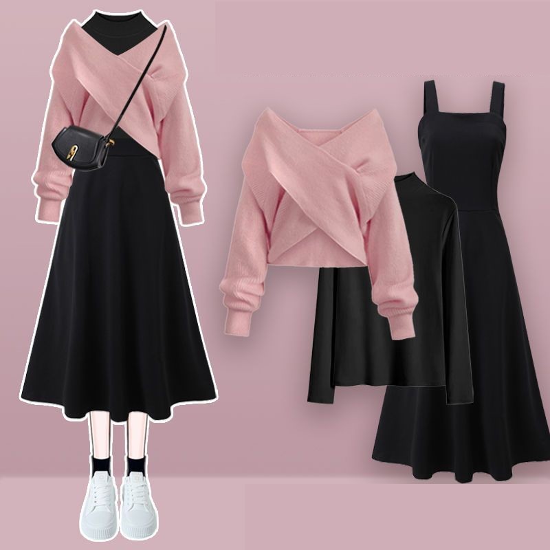 Ensemble 3 pièces chic pour femme : pull en maille croisée élégant, chemise et robe noire à bretelles – Nouvelle collection hiver 2026