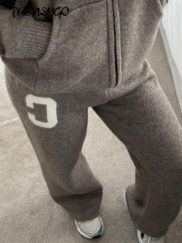 Nouveaux ensembles de pantalons tricotés pour femmes, manteaux oversize à capuche et manches longues zippées, pantalons à jambes larges, tenues amples jacquard pour femme, collection automne