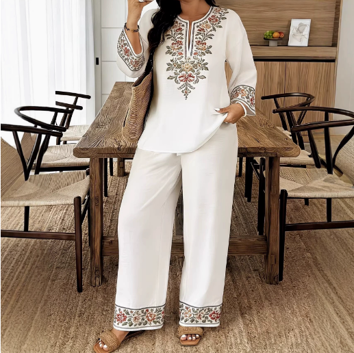 Ensemble deux pièces pour femme, nouvelle collection printemps-automne 2026, imprimé floral, haut ample à col rond et manches longues, et pantalon décontracté taille haute