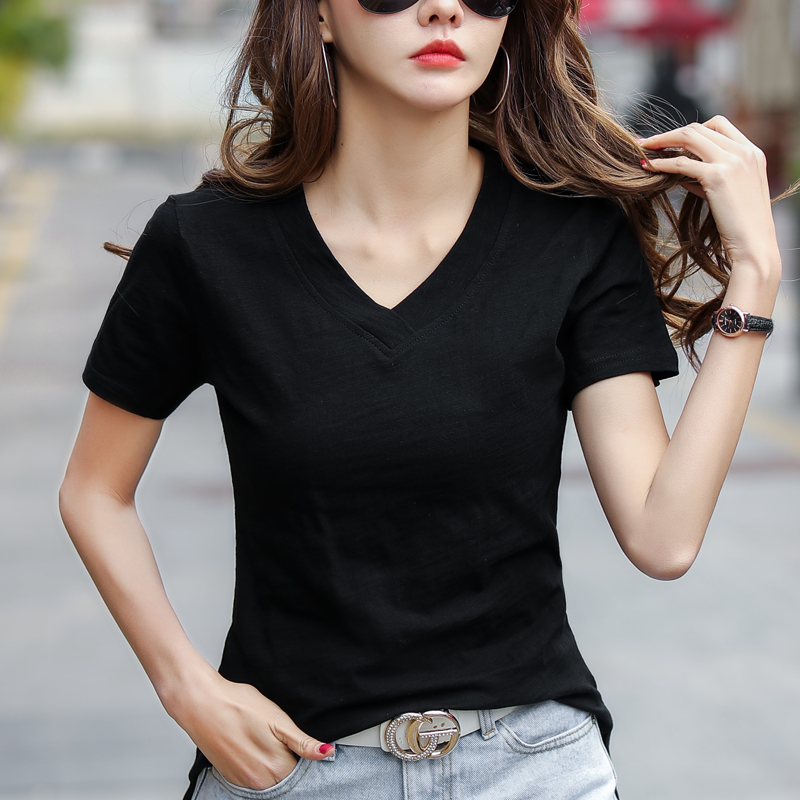 Nouvelle Collection Été 2026 – T-shirts amples pour femmes 100 % coton, col en V, ourlet fendu, manches courtes, hauts blancs slim tendance