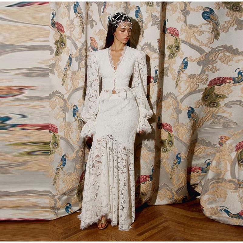 Ensemble 2 pièces élégant pour femme : haut court à manches longues bouffantes et col en V en dentelle, jupe longue sirène – Tenue de soirée 2026 Nouveauté