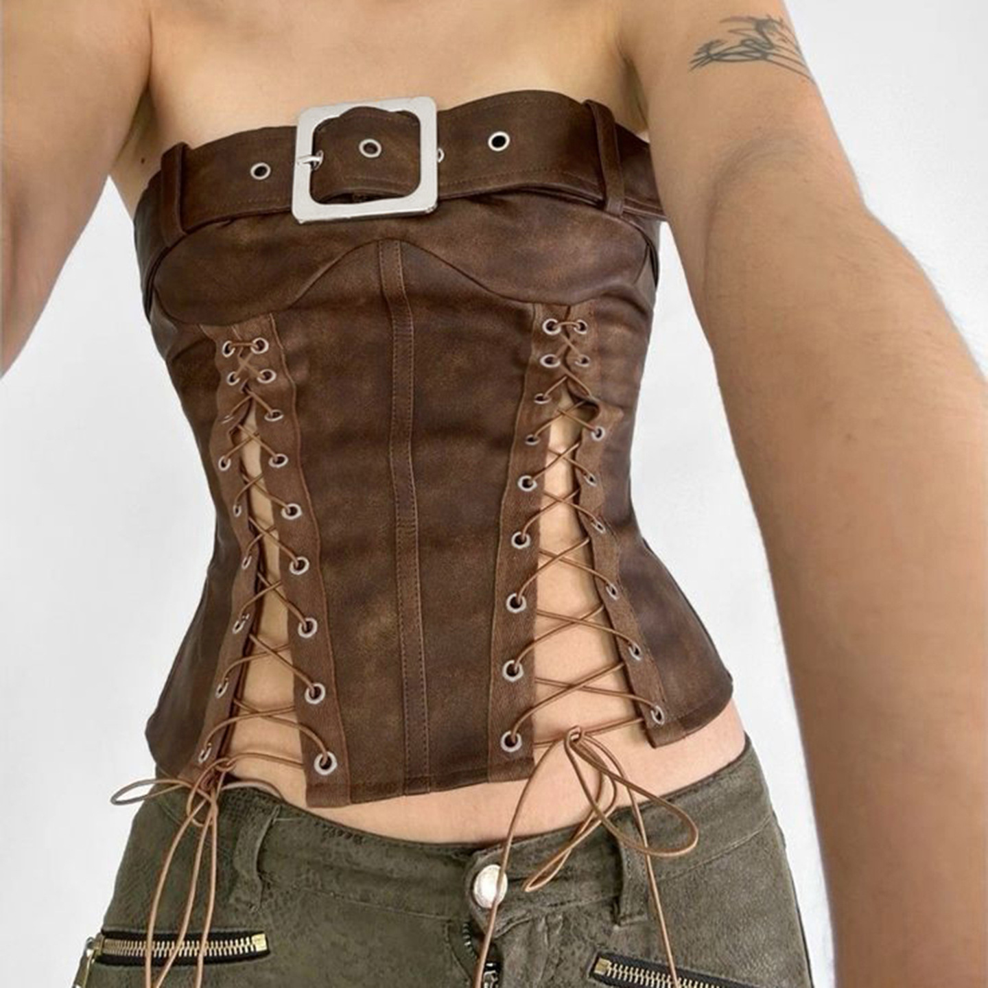 Gilet Corset en cuir Sexy, ceinture cintrée, haut à boucle en métal, Style Punk, Style de rue individualiste, tenue de fille épicée