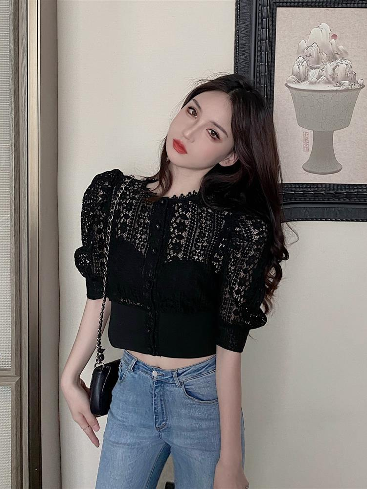 WoBjSweet-Chemisier en crochet pour femme, chemise évidée sexy, manches bouffantes vintage, chemises coréennes, mode chic, Y-Blusas
