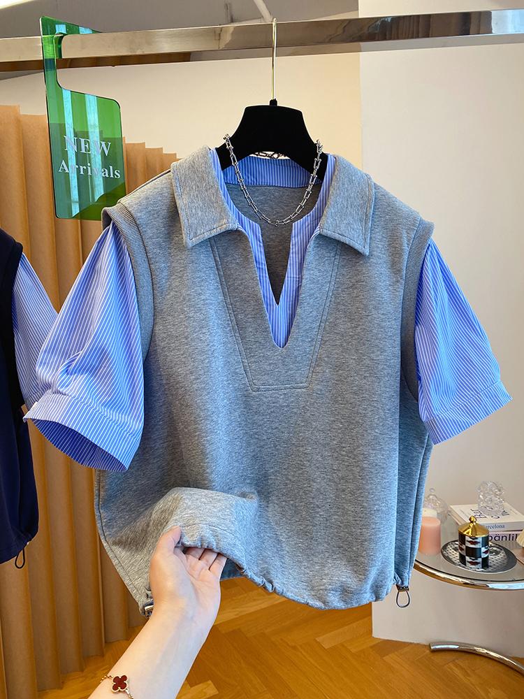 Mode faux deux pièces T-shirt femmes Niche Design sens T-shirt ample décontracté couture gilet bouton à manches courtes T-shirt