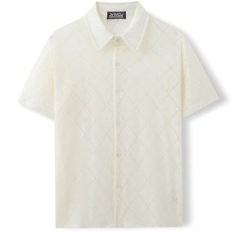 2025 mode d'été hommes chemise maille dentelle Transparent hauts Streetwear revers manches courtes bouton Camisas fête Sexy hommes vêtements