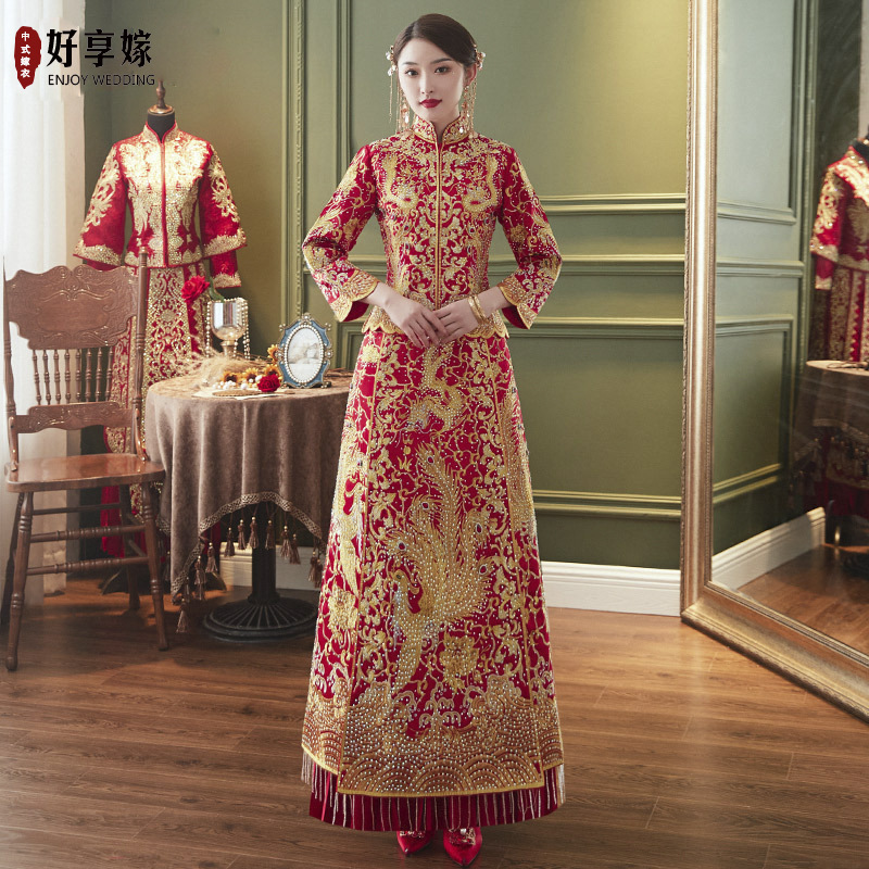 Robe de mariée longue brodée de phénix chinois, pour Banquet classique, Vintage, moderne, vêtements traditionnels
