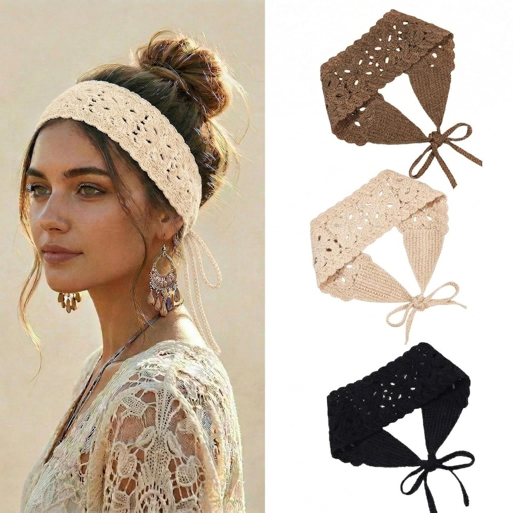 Bandeau Bohème Floral Fait Main au Crochet, Foulard Cheveux Couleur Unie, Bandeau Tricoté Creux
