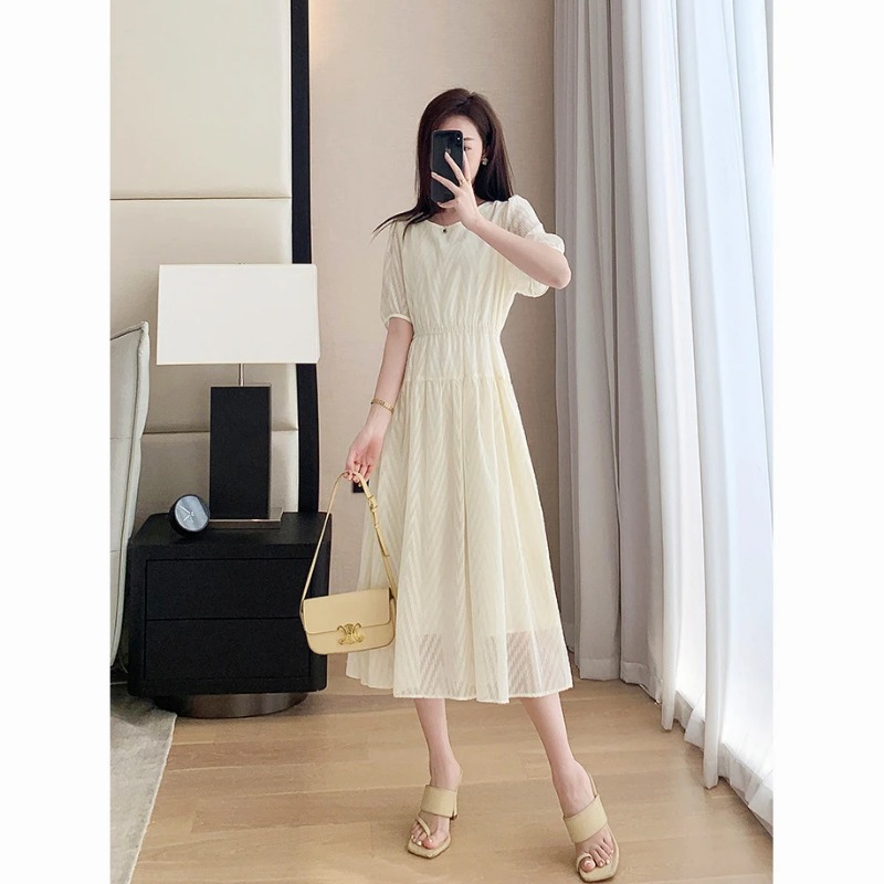 Robe midi en mousseline de soie française pour femme, col rond, coupe ajustée, élégante, décontractée, robe longue à volants