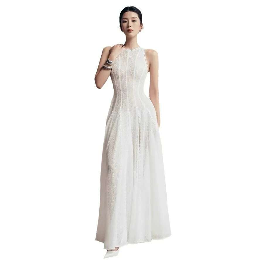 DEAT 2026 Robe sans manches à col rond, coupe ajustée, taille haute, longueur ras du sol, style Vestido, Robes de soirée WQ10503