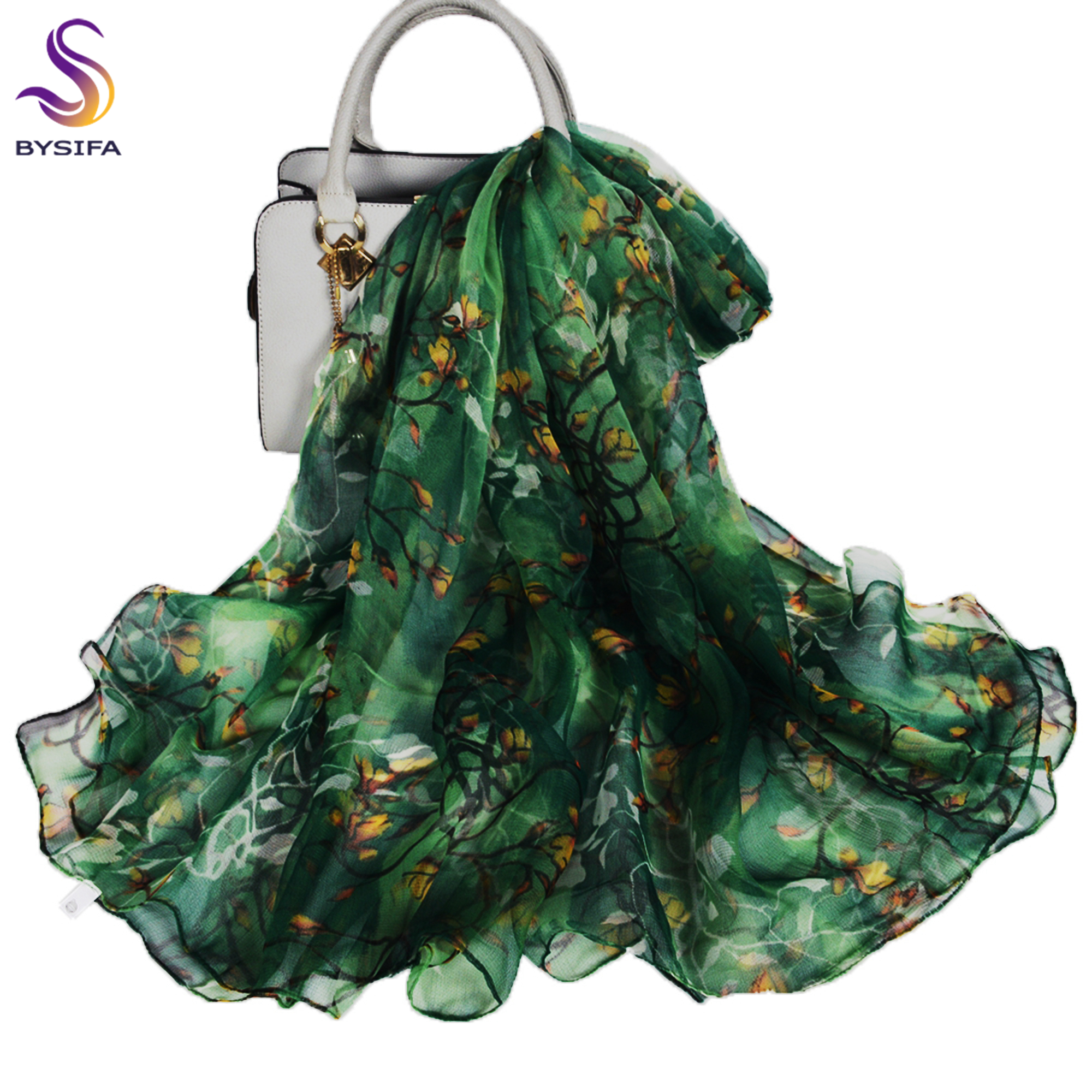 [BYSIFA] vert Jade véritable soie longue écharpe pour les femmes élégant Magnolia Design marque 100% soie cou foulards enveloppes pour printemps automne