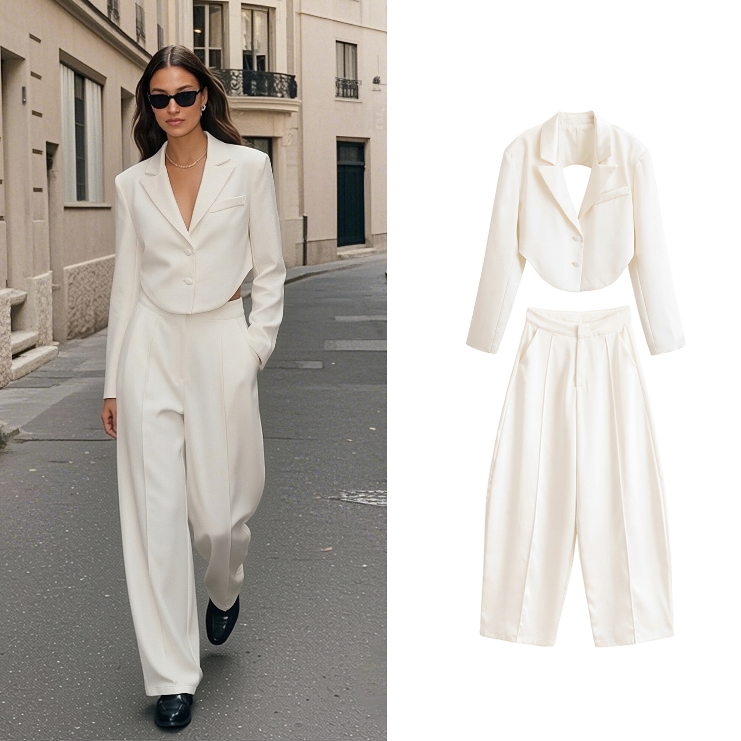 Ensembles de pantalons en satin pour femmes ou blazers courts en satin chic et sexy à revers et manches longues dos nu pour femme ou pantalons taille haute à jambes larges pour femme