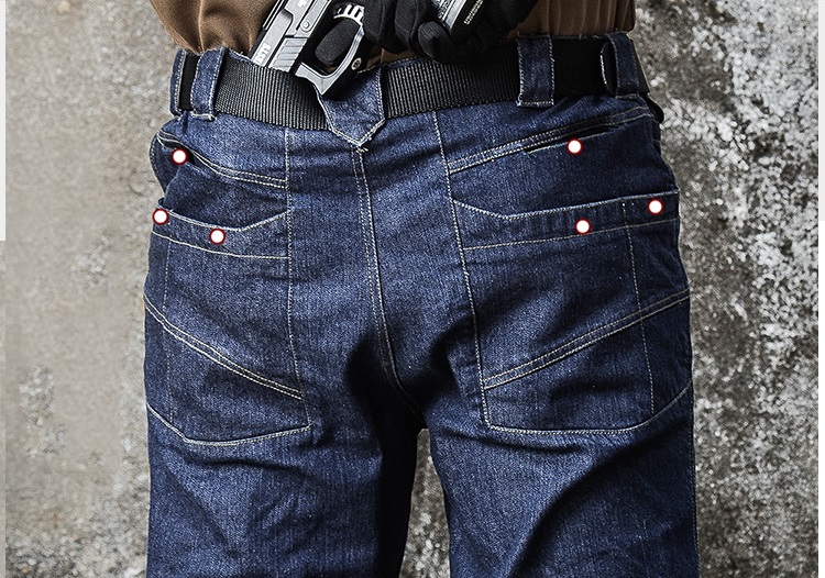 Jean tactique en Denim pour hommes, pantalon extensible, confortable, pleine longueur, multi-poches, Leggings aux genoux
