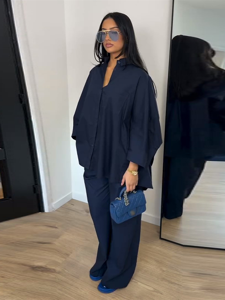 Nouvel ensemble décontracté pour femme : chemise unie à revers et manches longues avec poches et pantalon droit taille haute
