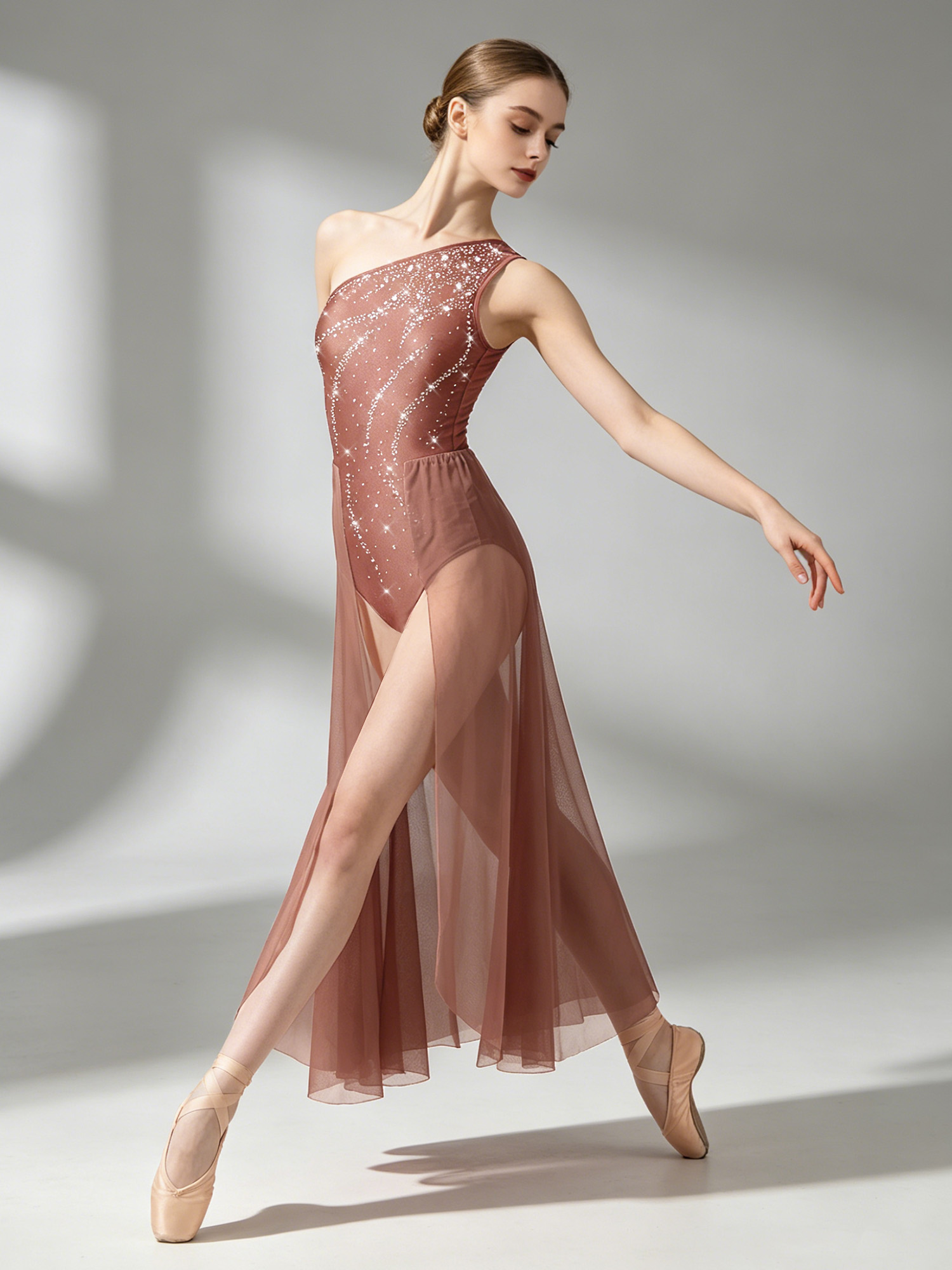 Robe de danse de ballet pour femme, tenue de patinage artistique, justaucorps à strass sans manches asymétrique avec jupe fendue en maille
