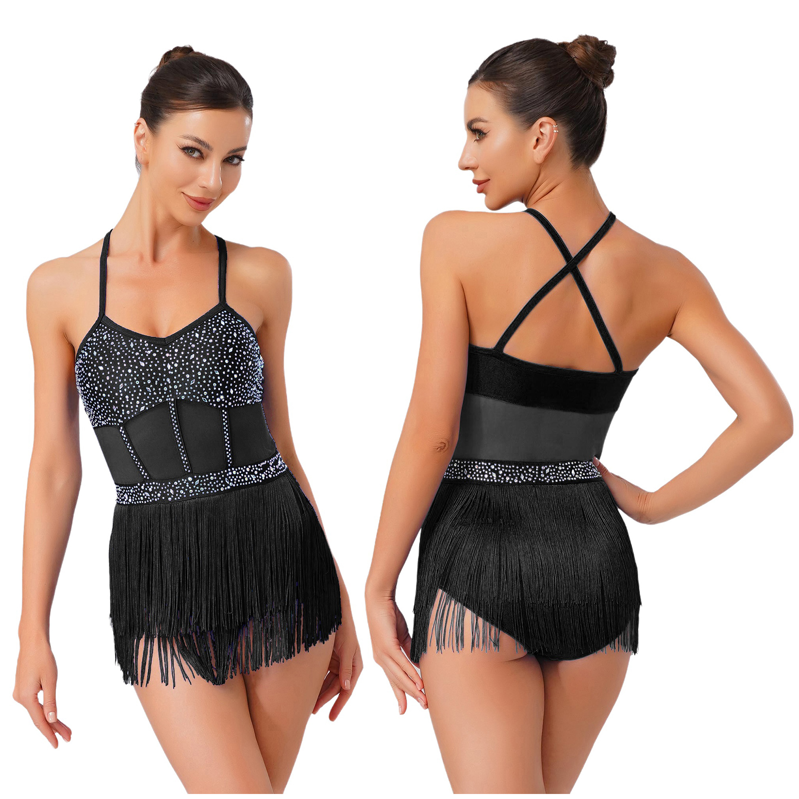 Femmes gland Latin Jazz Salsa justaucorps robe de danse Tango danse Costumes maille transparente Patchwork strass frangé body robe