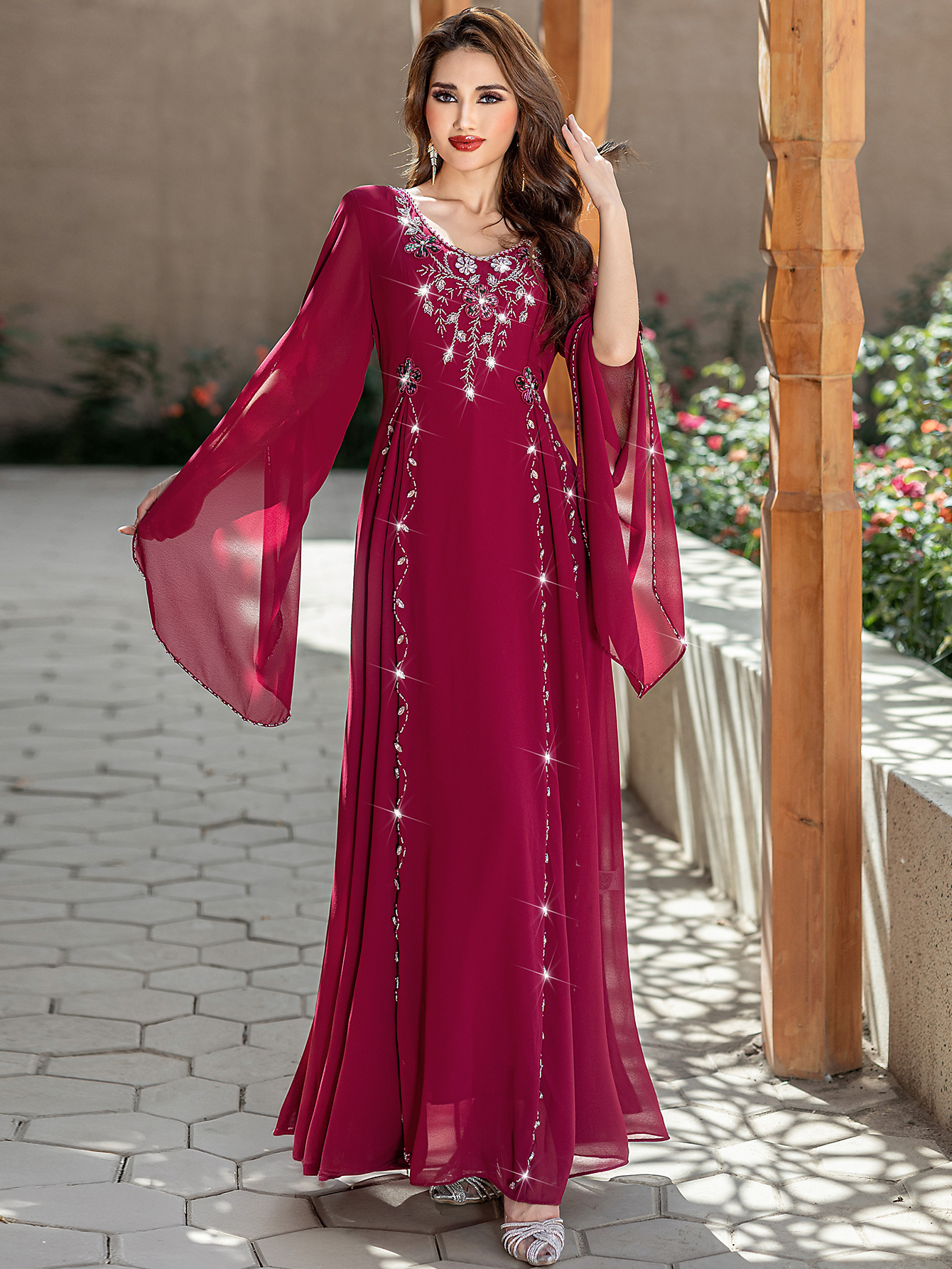 Robe Eid pour femmes diamant col en V en mousseline de soie Abaya robes longues de fête Robe musulmane Jalabiya Ramadan maroc 2025 robes Largos