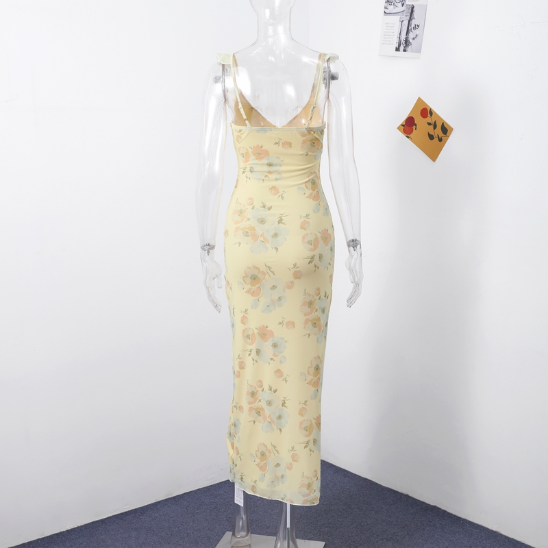 Robe longue élégante pour femme, imprimé floral, à volants, sans manches, dos nu, décolleté plongeant, à lacets, nouvelle collection été 2026, coupe ajustée