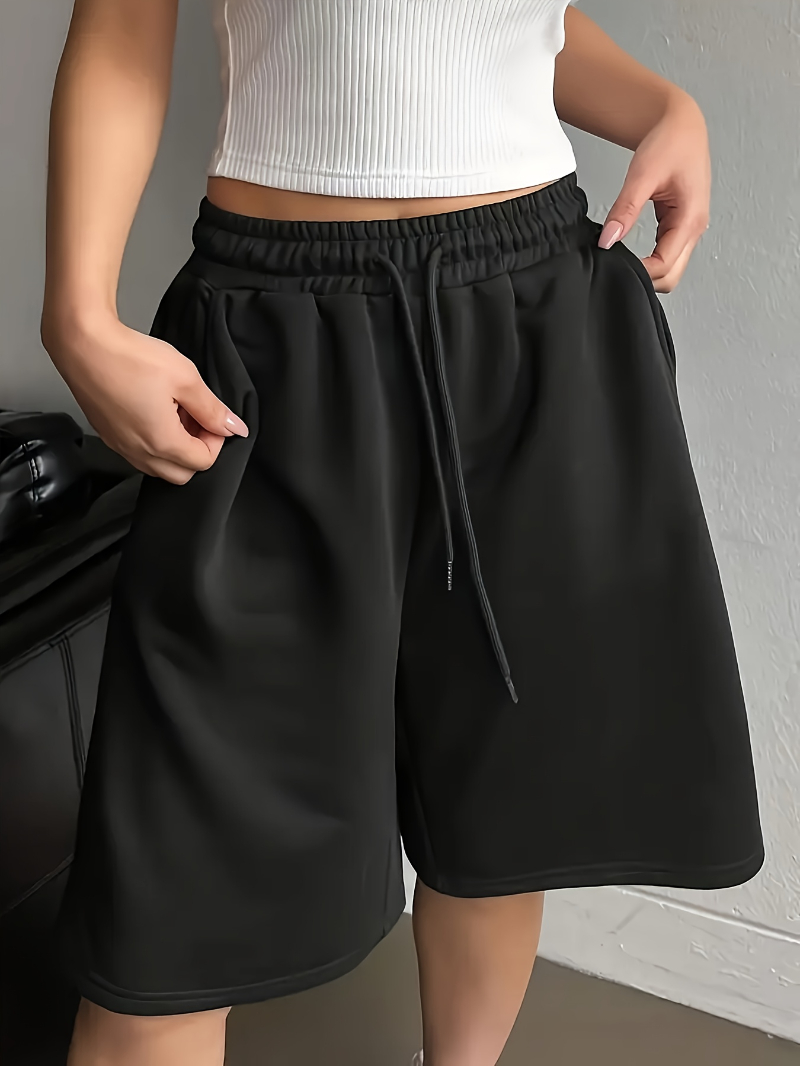 Shorts décontractés pour femmes grandes tailles, couleur unie, tissu lavable en machine avec poches à cordon