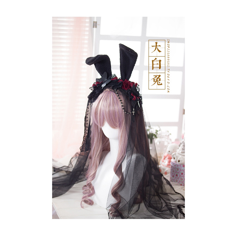 Bandeau oreilles de lapin, voile noir lolita, accessoires gothiques kc en fil de dentelle